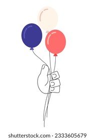 July 4th balloons holding monochromatic flat vector hand. Americana red white and blue colors. Happy independence. Editable line clip art on white. Simple bw cartoon spot image for web graphic design