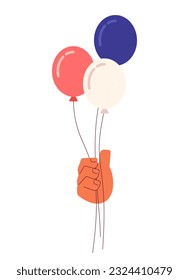 July 4th balloons holding semi flat colorful vector hand. Americana red white and blue colors. Happy independence. Editable clip art on white. Simple cartoon spot illustration for web graphic design