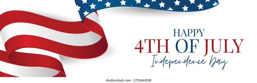 July 4th banner or header background. United States of America national flag and ribbon with stars and stripes. USA independence day celebration. Realistic vector illustration.