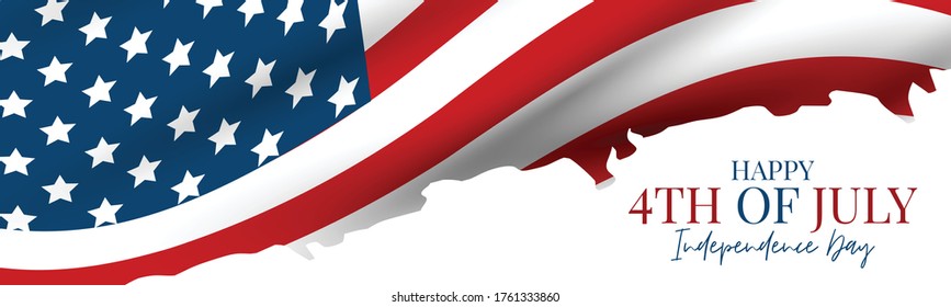 July 4th banner or header background. United States of America national flag with stars and stripes. USA independence day celebration. Realistic vector illustration.