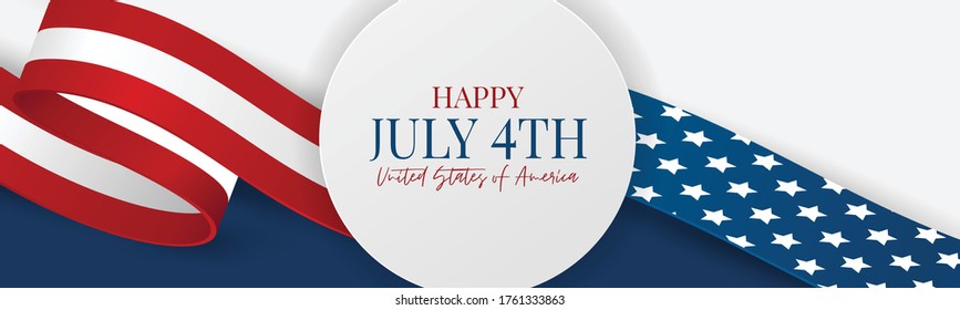 4 de julio de 2014: fondo de banner o cabecera. Bandera nacional de los Estados Unidos de América y cinta con estrellas y rayas. Celebración del Día de la Independencia de Estados Unidos. Ilustración vectorial realista.