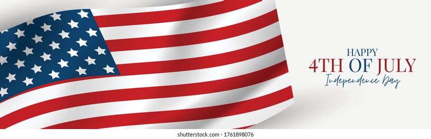 July 4th banner or header background. United States of America national flag with stars and stripes. USA independence day celebration. Realistic vector illustration.