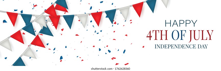 July 4th banner or header background. United States of America national flag colors blue, white, and red bunting. USA independence day celebration. Realistic vector illustration.
