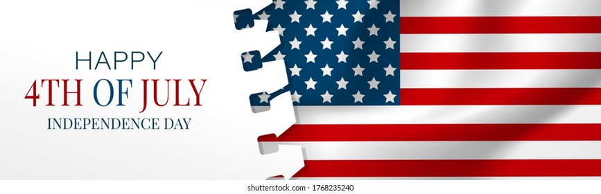 July 4th banner or header background. United States of America national flag. USA independence day celebration. Realistic vector illustration.