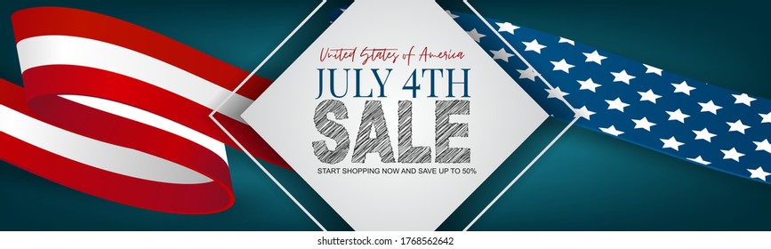 July 4th banner or header background. United States of America national flag and ribbon with stars and stripes. USA independence day celebration. Realistic vector illustration.