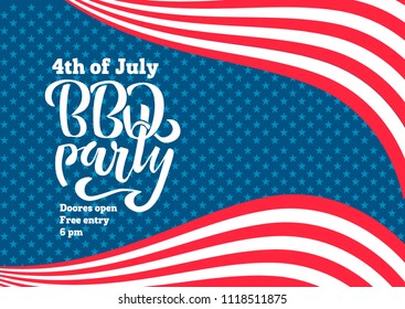 July 4th BBQ Party lettering invitation to American independence day barbeque with July 4th decorations, stars, flags, fireworks on blue background. Vector hand drawn illustration.