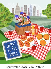 July 4th BBQ poster. Independence Day of United States of America holiday illustration.