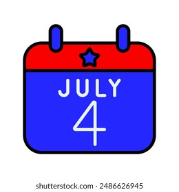 July 4th calendar icon. Blue and red colors with a star. Symbol of Independence Day, national celebration, and American pride.