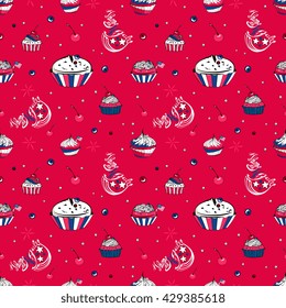 July 4th cupcakes and lettering vector red seamless pattern