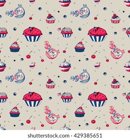 July 4th cupcakes and lettering vector seamless pattern