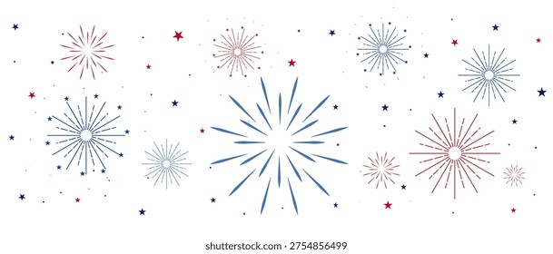 July 4th fireworks background. Horizontal vector illustration featuring red and blue patriotic starbursts on white. Minimalist flat design for USA Independence Day celebration and web banners.