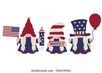 July 4th Gnome Girls, American Patriotic Day party gnomes in USA flag colours with balloon, firework, America banner, flag in hands as patriotic symbol, for Independence Day party. Vector illustration