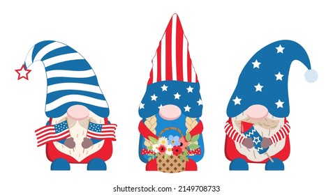 July 4th group of gnomes, American Patriotic Day party gnomes in USA flag colors with flowers, firework, flags in hands for Independence Day party. Vector illustration