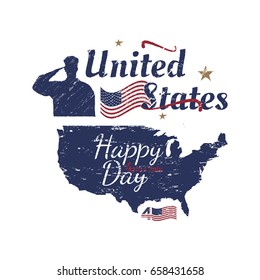 July 4th grunge typography. Independence day of the United States. Vintage vector sign, map and flag for greeting cards and banners. EPS10.
