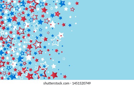 July 4th Independence Day of America. Red blue and white stars decorations of confetti and serpentine on a blue background. Falling stars background texture. vector illustration 