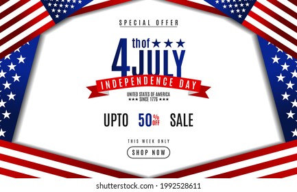 July 4th. Independence day background sales promotion advertising banner template with American flag design