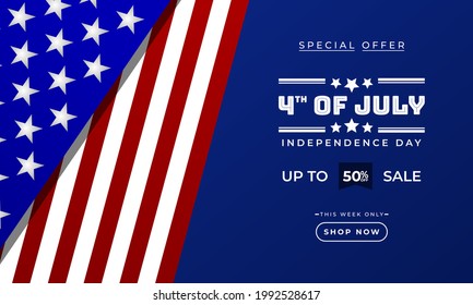 4 de julio. Plantilla de banner publicitario de promoción de ventas en el día de la independencia con diseño de bandera estadounidense