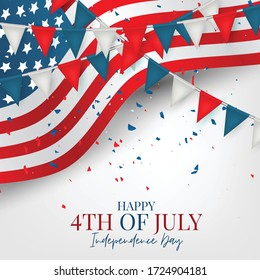 July 4th Independence day celebration banner. USA national holiday design concept with a flag, bunting and confetti. Vector illustration.