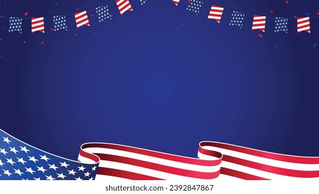 July 4th Independence day celebration empty, blank, copy space template. USA national holiday design concept with a waving flag, bunting, and confetti. Vector illustration.