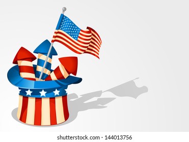 July 4th, Independence day fireworks and USA flag in stars and stripes hat. Illustration.