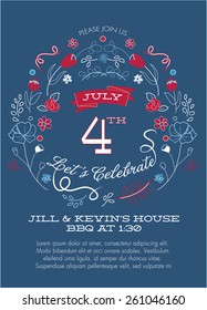 July 4th Independence Day Floral Party Invitation Template - Vector