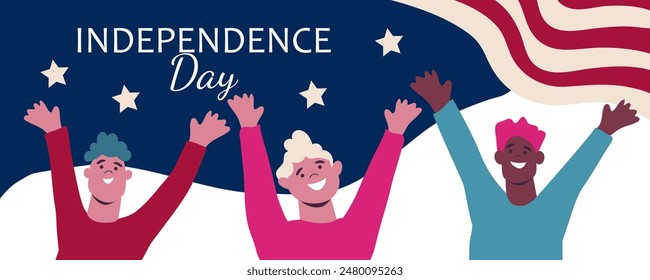 July 4th.  Independence Day postcard with a group of happy people. Vector illustration.