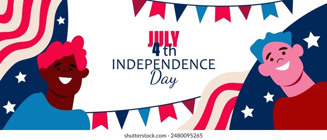 July 4th.  Independence Day postcard with a group of happy people. Vector illustration.