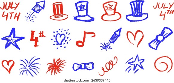 July The 4th Independence Day Related Items Crayon Chalk Drawing Vector Set