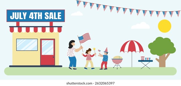 July 4th Independence Day Sale Banner with Family Celebrating Outdoors, American Flag, Barbecue, Holiday Decorations, and Patriotic Shop Illustration for USA Discount Promotion and National Holiday.