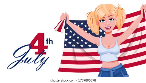 July 4th. Independence day in USA. Cheerful girl with flag of United States. Vector illustration 