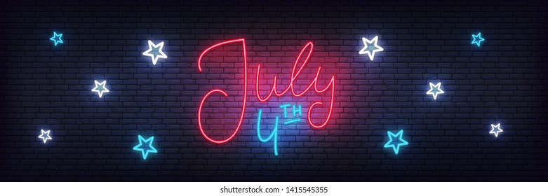 July 4th neon banner. USA Independence Day glowing lettering label design