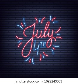 July 4th. Neon sign of lettering logo for USA Independence Day celebration