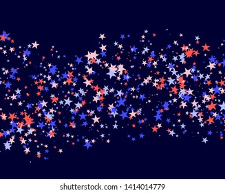 July 4th pattern made of stars. Red, blue and white confetti, colorful backdrop in abstract style. Vector illustration on blue background