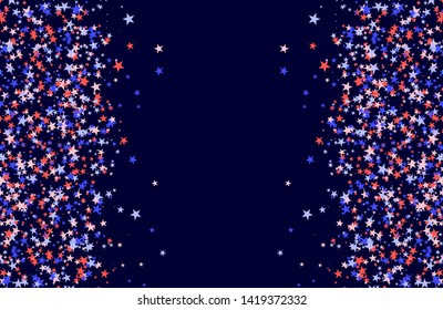 July 4th pattern made of stars. Red, blue and white confetti with blank space in center, colorful backdrop in abstract style. Vector illustration on blue background