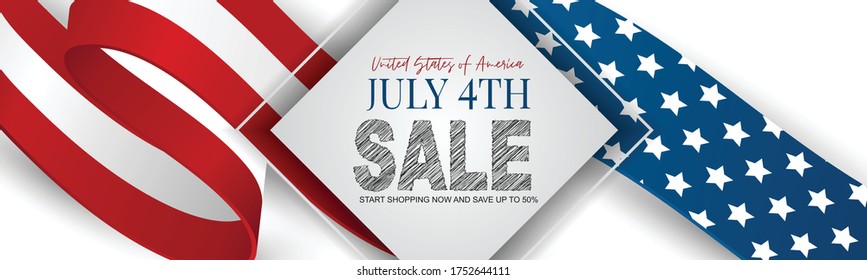 July 4th sale banner or header background. United States of America national flag and ribbon with stars and stripes. USA independence day celebration. Realistic vector illustration.