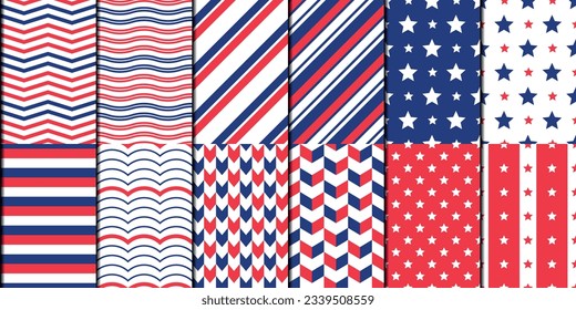 July 4th seamless pattern. Set of patriotic backgrounds. USA flags, blue and red colors. Stars and stripes, diagonals, chevrons. Design for textile, pillows, clothing, background, wrapping, notebooks.