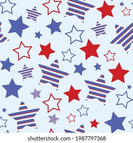 July 4th seamless repeating pattern in  red white and blue stars and stripes, veterans day or memorial day or presidents day background pattern, USA wallpaper design