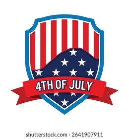 July 4th, 4th of July Shield badge emblem, American flag Color Red White and blue, patriotic design, USA Independence Day Celebration.