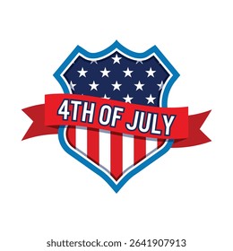 July 4th, 4th of July Shield badge emblem, American flag Color Red White and blue, patriotic design, USA Independence Day Celebration.
