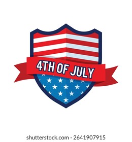 July 4th, 4th of July Shield badge emblem, American flag Color Red White and blue, patriotic design, USA Independence Day Celebration.