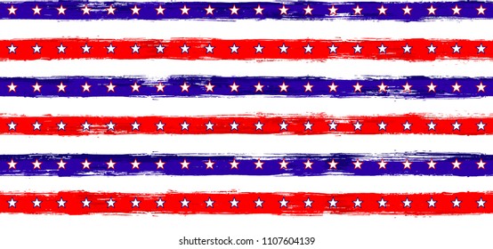 July 4th Stars and Stripes Abstract Seamless Vector Pattern in USA Flag Colors. American Independence Day vector of blue red white stars and stripes grunge background for holiday poster.