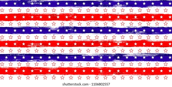 July 4th Stars and Stripes Geometric Seamless Pattern in USA Flag Colors. American Independence Day vector of blue red white stars and stripes grunge background for holiday banner.