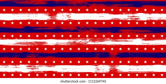 July 4th Stars and Stripes Hipster Seamless Pattern in USA Flag Colors. American Independence Day vector of blue red white stars and stripes grunge background for holiday design.