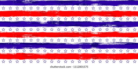 July 4th Stars and Stripes Horizontal Seamless Vector Pattern in USA Flag Colors. American Independence Day vector of blue red white stars and stripes grunge background for holiday flyer.
