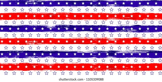 July 4th Stars and Stripes National Seamless Vector Pattern in USA Flag Colors. American Independence Day vector of blue red white stars and stripes grunge background for holiday invitation.