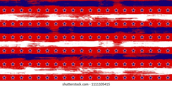 July 4th Stars and Stripes Patriotic Seamless Pattern in USA Flag Colors. American Independence Day vector of blue red white stars and stripes grunge background for holiday flyer.