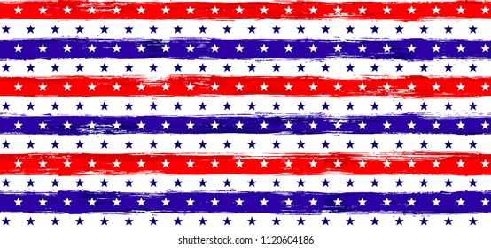 July 4th Stars and Stripes Patriotic Seamless Vector Pattern in USA Flag Colors. American Independence Day vector of blue red white stars and stripes grunge background for holiday invitation.