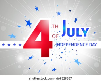 July 4th US Independence Day - poster with a glow and flying blue stars on a white background
