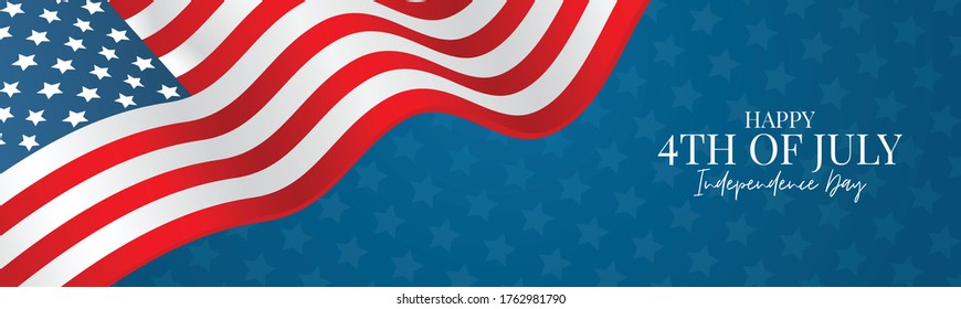 July 4th USA flag banner or header. United States of America Independence Day holiday design with lettering. Vector illustration.