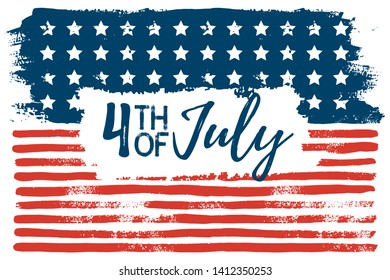 July 4th USA flag hand draws the brush strokes. Vector abstract grunge background. American independence day celebration Wallpaper. Template for holiday banner, greeting card, invitation, poster